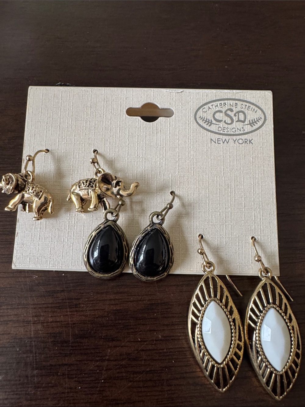 Vintage Catherine Stein Retired Gold Earrings with Black Teardrop & White Inlay